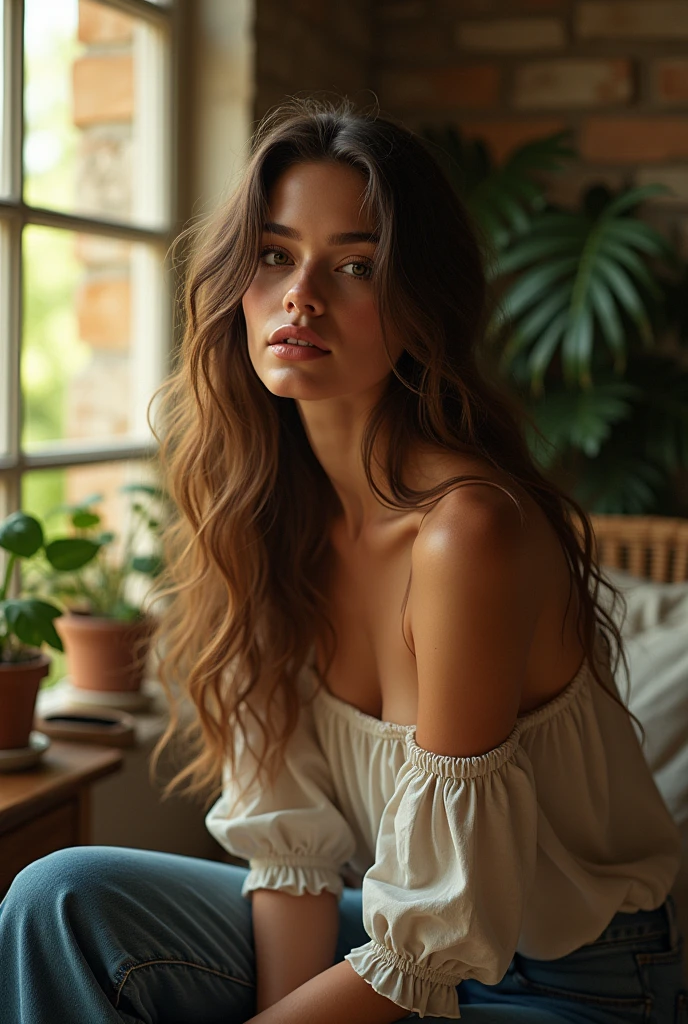 (photorealism:1.2), beautiful woman, , wearing loose off-shoulder top,jeans pants, long curly hair, indoors, soft lighting, plants in background, window with sunlight, cozy room, relaxed pose, realistic, intricate details, warm colors, by Greg Rutkowski, by Alphonse Mucha