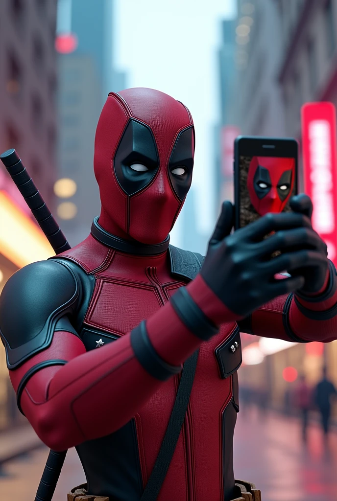 Deadpool taking selfie with his phone