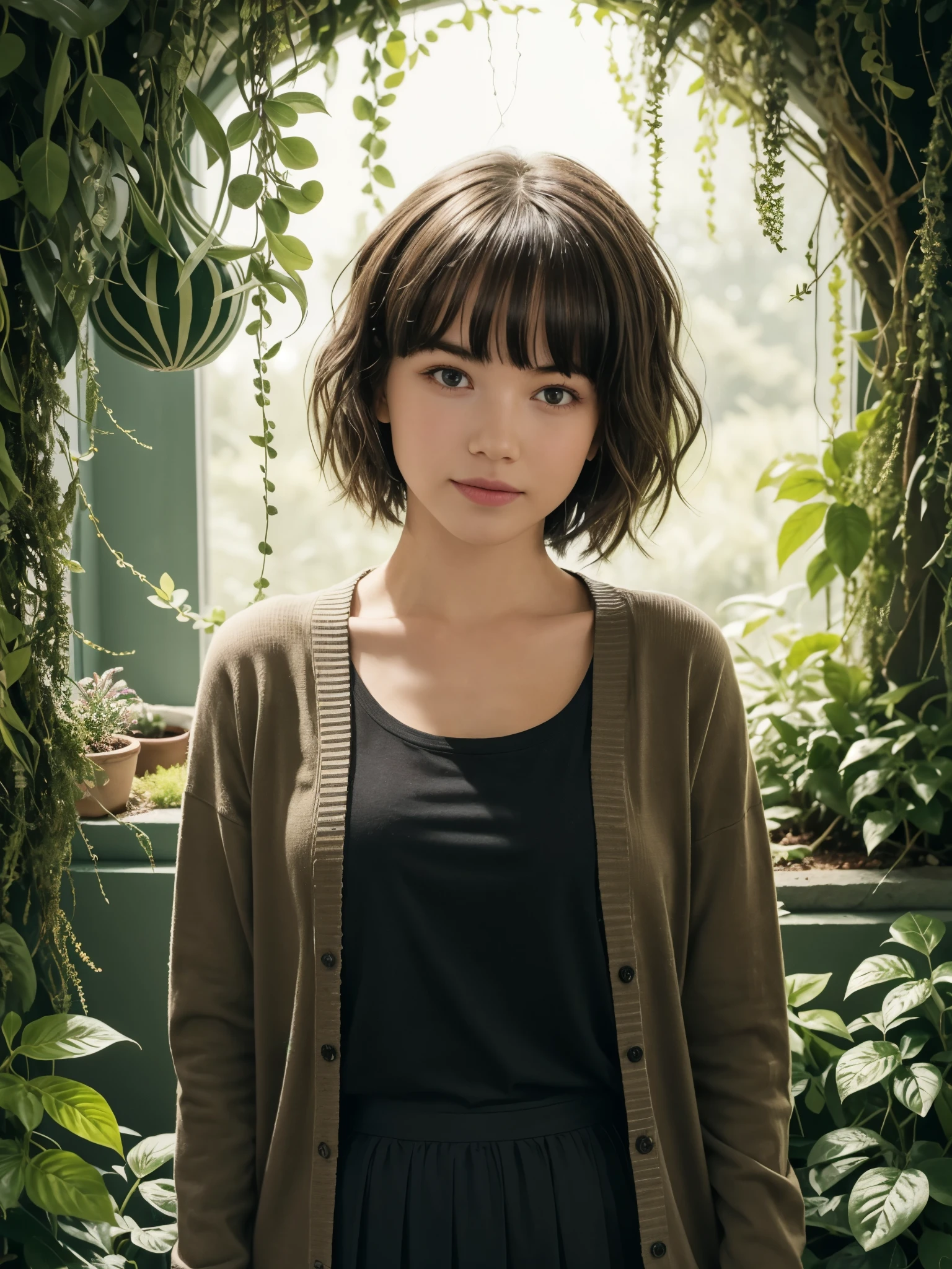 girl, (young, cute:1.4), standing, front view, (from above:0.6), pose with both hands and arms in the back, head tilt, detailed face, looking at viewer, short bob hair, flat bangs, fully open cardigan, long sleeves, (breasts:1.2), deep round neckline black t-shirt, pleated skirt, rock garden, surrounded by carefully arranged stones and lush greenery, succulents, mosses, and low-growing shrubs, soft natural lighting, gentle shadow, relaxed vibes, harmonious garden, close-up shot,