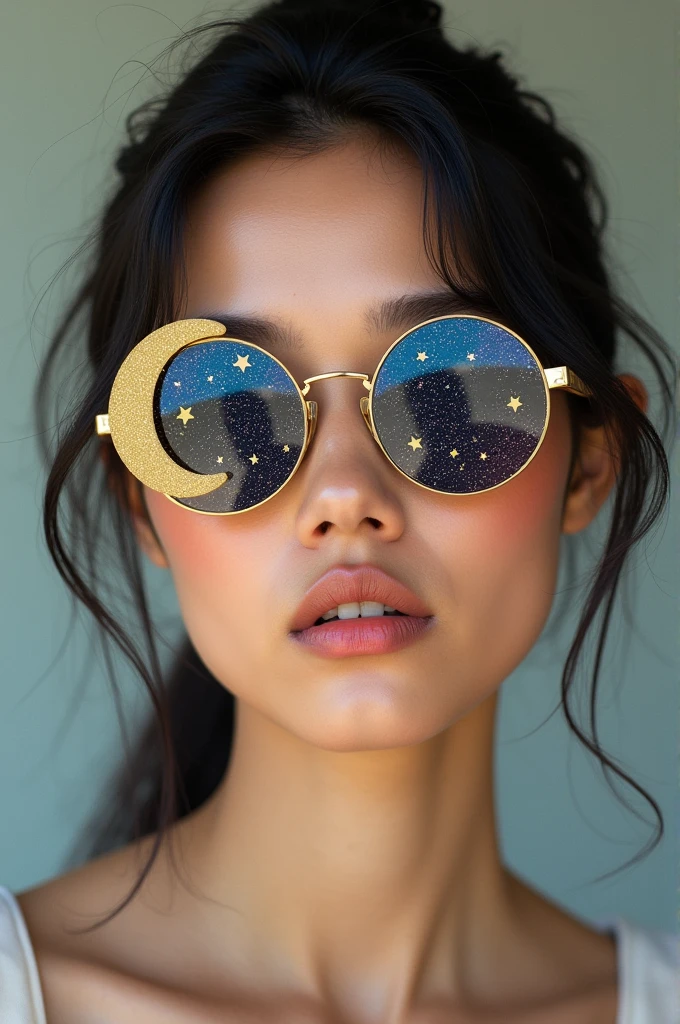 The model is wearing glass sunglasses with stars and the moon on the glass