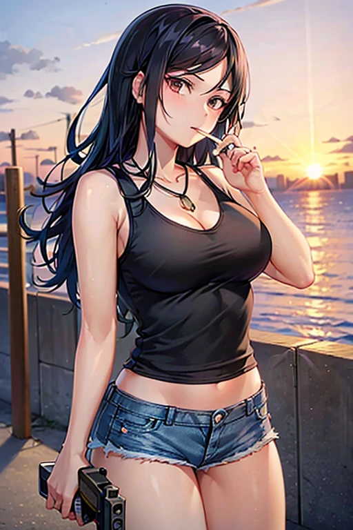 Highest quality,high resolution,comics,(Cel animation style),One woman,30 year old Asian female,(Straight long black hair),((Black tank top)),((Denim shorts)),((1 Holding a gun in each hand.6)),(Skull Necklace),Black sneakers,(Beautiful face with a narrow slit 1.3)，Black wristband on left wrist,Beautiful Style,Slender body,(Large Breasts),(((Holding a cigarette)))((Sunset city background))