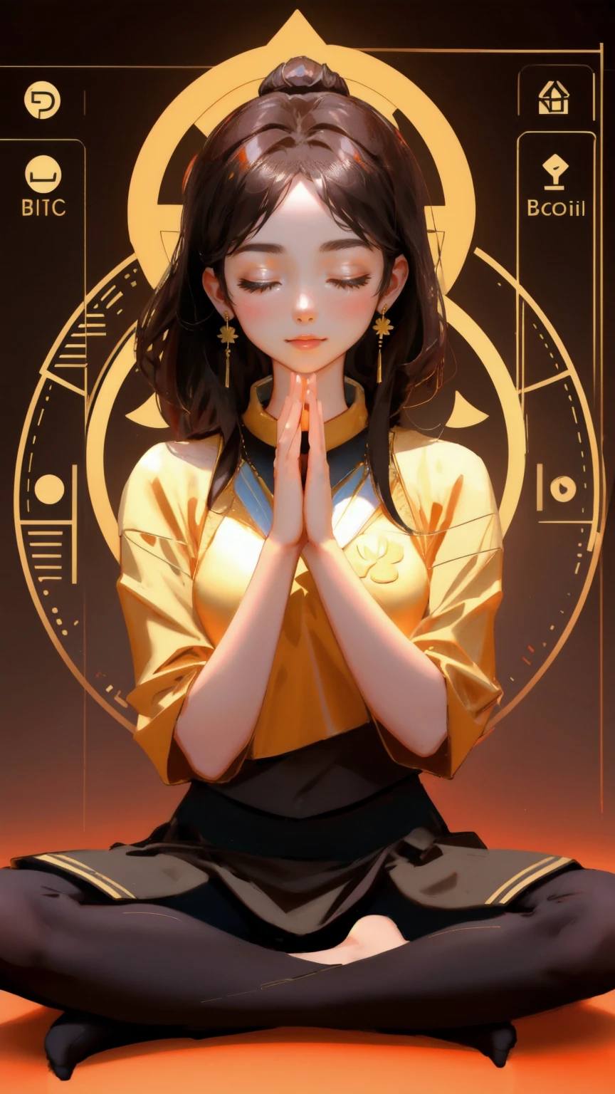 Create an image of a beautiful girl practicing yoga in the lotus position, his eyes closed, sitting on the floor with cryptocurrency data charts and symbols like Bitcoin in the background. The background color should be a rich brown to symbolize grounding and stability. His hands should be resting on his knees with palms facing upward, fingers gently touching in a classic mudra pose, symbolizing openness and connection with financial growth. Keywords: 'DeFi Yield Yoga,' meditation, financial zen, cryptocurrency.