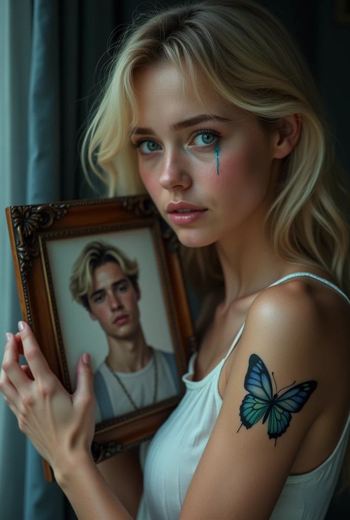 Generate me a photo of a blonde, blue-eyed Argentinian girl with tears in her eyes, a tattoo of a crying butterfly hugging a photograph showing a white-skinned young man in the style of Jung Kook with the name Zeth engraved on the frame of the picture