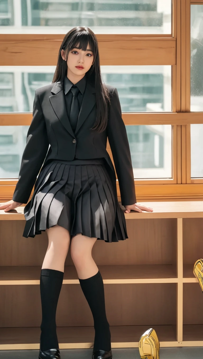 ((highest quality、8k、masterpiece:1.3)),((((fullbody shot)))),Ultra-high resolution,big eyes,Japanese,bangs,(a girl),(1 girl),((20 years old)),((facing at viewer)),(long hair),(((black sailor uniform))),grin,((sitting on chair)),(pleated mini skirt),(((pussy))),(((open legs))),((skirt lift))