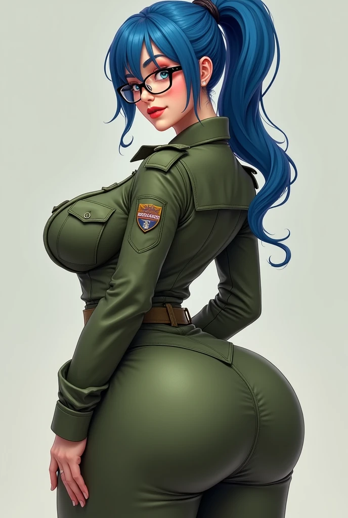 Teenager woman with blue hair with ponytail with curvy waist and big thighs and big butt with big breasts and glasses with sexy green military clothes