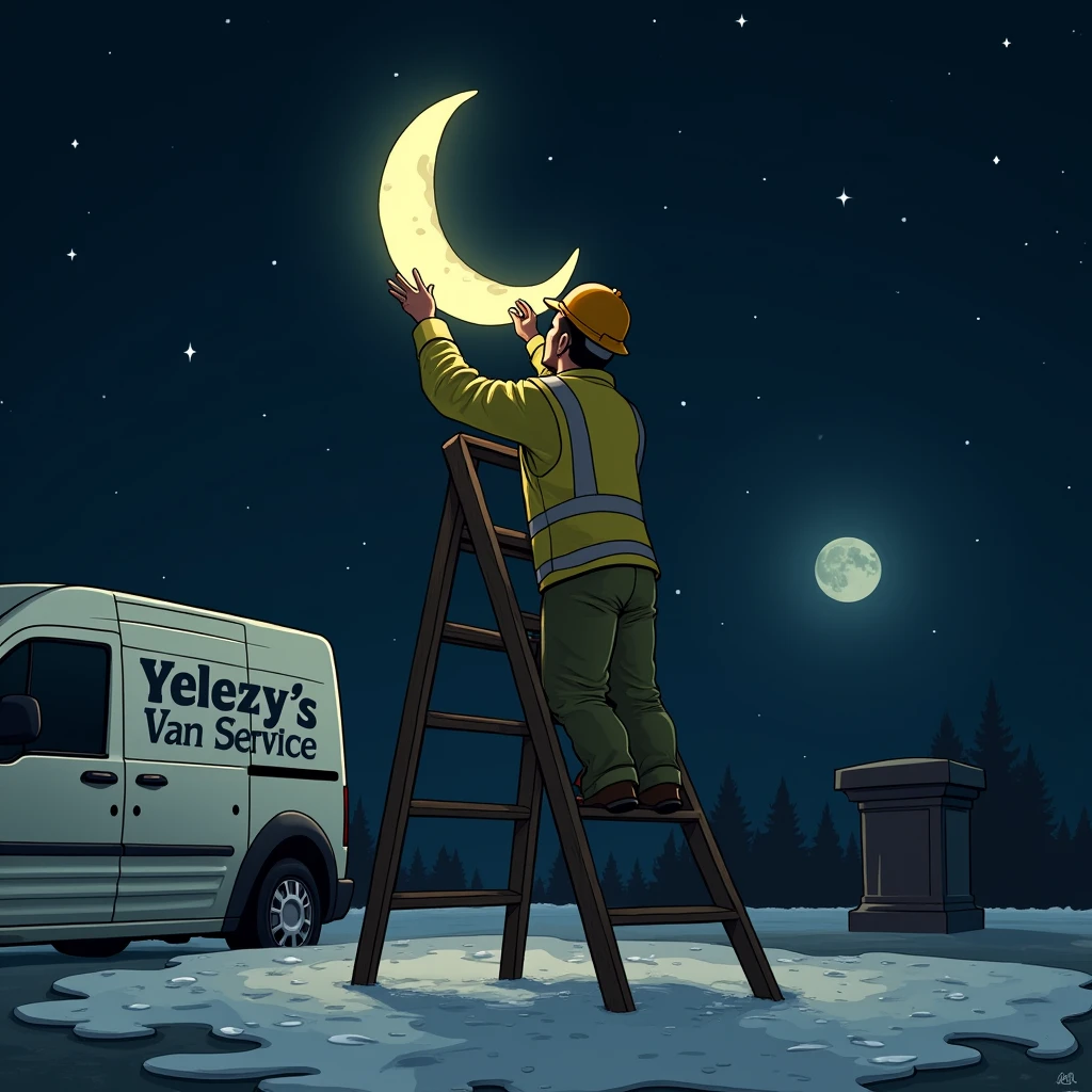 A photo of a man standing on a ladder outside at night, changing a burnt-out moon in the sky. The man is wearing a yellow vest and a helmet. In the background, there is a van with the words "Yeezy's Van Service". The sky has a few stars and a glowing moon. The ground is covered with white foam.