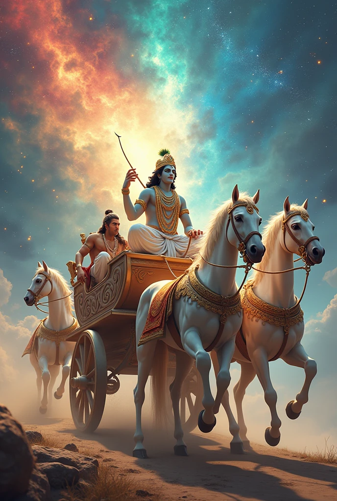 painting of a man riding on a white (Lore Krishna) 5 horse with a chariot, beautiful god rays, chariot, by Jitish Kallat, mythological painting, bright godrays, vishnu, inspiring art, version 3, masterpiece', breathtaking art, samikshavad, ancient kings in white robes, by Bholekar Srihari, from Mahabharatha epic story, Warrior Arjuna sitting behind Lord Krishina, Aiming arrow upwrds in the sky, 4K, Super detailed, (Dynamic configuration:1.4), Very detailed, Colorful details,( Rainbow-colored:1.2), (Shining Lights, Atmospheric lighting), dream-like, Magic, (alone:1.2), in this dream-like magical setting.,style 3D art, side pose, (Warm light source:1.2), (fire Fly:2.2), (nebula:1.3), 4K, Super detailed, (Dynamic configuration:1.4), HD Pixar detailed, Colorful details, (masterpiece:1.2), (highest quality), bending your visual