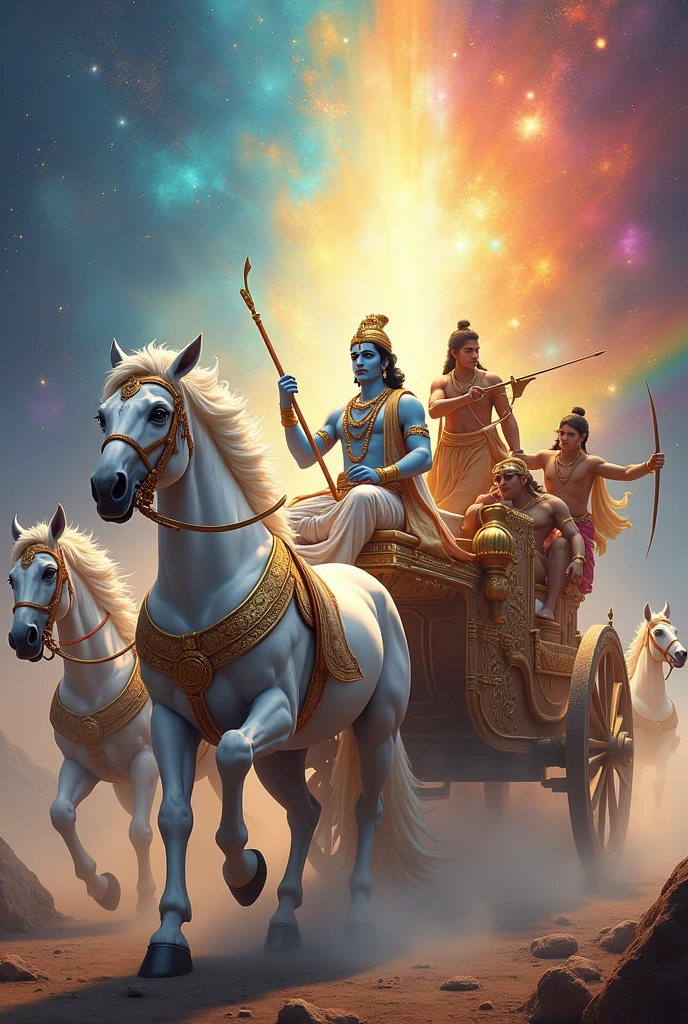 painting of a man riding on a white (Lore Krishna) 5 horse with a chariot, beautiful god rays, chariot, by Jitish Kallat, mythological painting, bright godrays, vishnu, inspiring art, version 3, masterpiece', breathtaking art, samikshavad, ancient kings in white robes, by Bholekar Srihari, from Mahabharatha epic story, Warrior Arjuna sitting behind Lord Krishina, Aiming arrow upwrds in the sky, 4K, Super detailed, (Dynamic configuration:1.4), Very detailed, Colorful details,( Rainbow-colored:1.2), (Shining Lights, Atmospheric lighting), dream-like, Magic, (alone:1.2), in this dream-like magical setting.,style 3D art, side pose, (Warm light source:1.2), (fire Fly:2.2), (nebula:1.3), 4K, Super detailed, (Dynamic configuration:1.4), HD Pixar detailed, Colorful details, (masterpiece:1.2), (highest quality), bending your visual