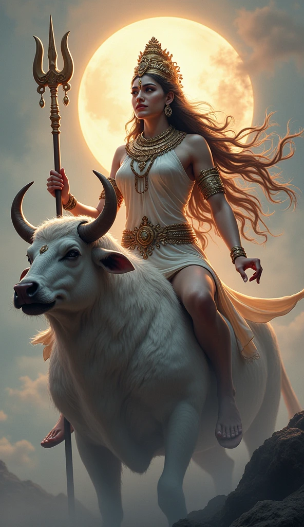 Goddess Shailaputri (Parvati) is depicted with two hands and has a crescent moon on her forehead. She holds a trident in her right hand and a lotus flower in the left. She rides on the mount Nandi, the bull.[1]

History