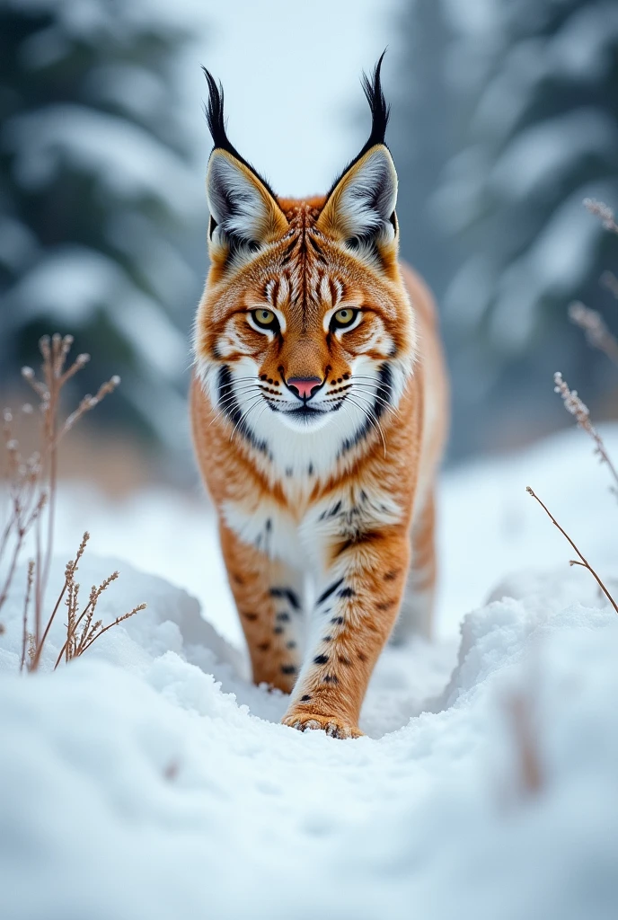 an orange lynx in a snowy environment, high resolution, HDR