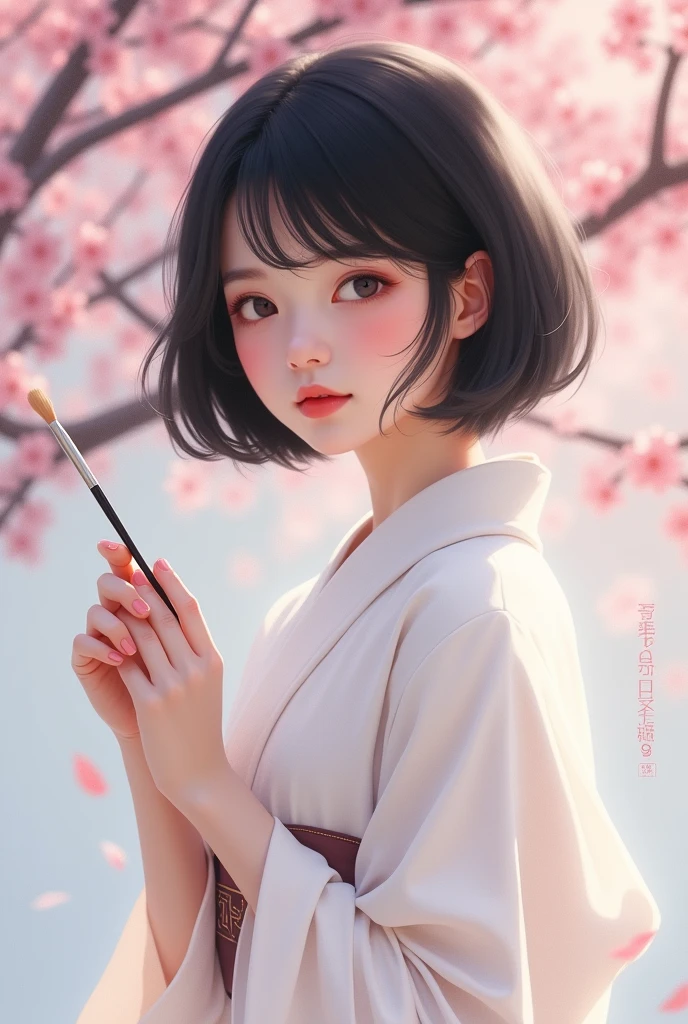 White skinned Japanese Asian girl, thick lips, small nose, medium-sized eyes, blushing cheeks not so noticeable, holding a paintbrush in her hands with a cherry blossom background while wearing a traditional white Japanese kimono, Her hair is short, shoulder-length black with strands that simulate bangs., It is not full body only from the torso up 