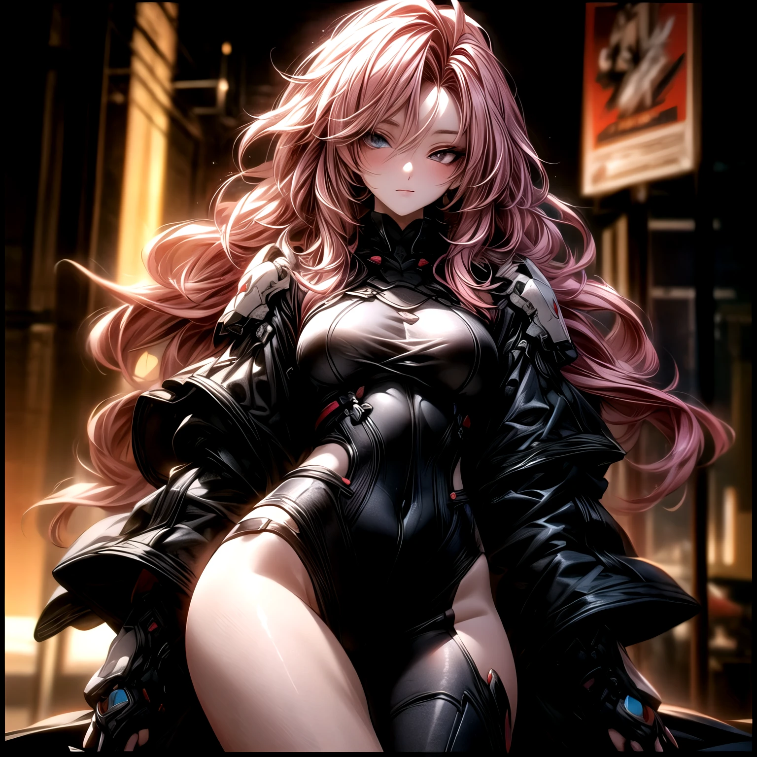 (best quality, masterpiece) sexy arrogant prideful succubus with medium wavy pink hair, full body, wearing lingerie, black thigh socks, black short zipper boots