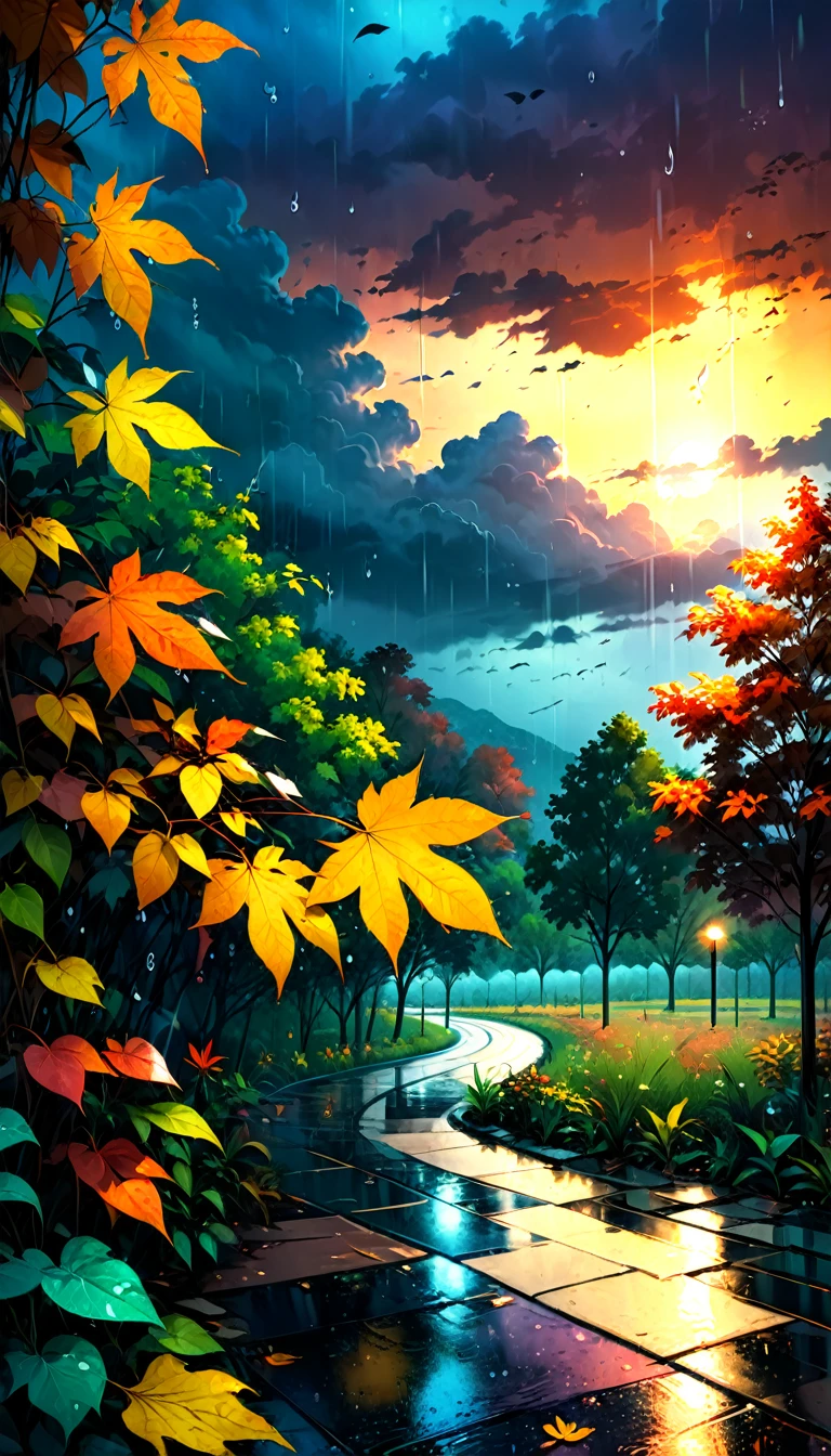 Beautiful sunset rain background with leaves. Rainy day in the fall, a colorful nature scene, a creative concept for a wallpaper or design.