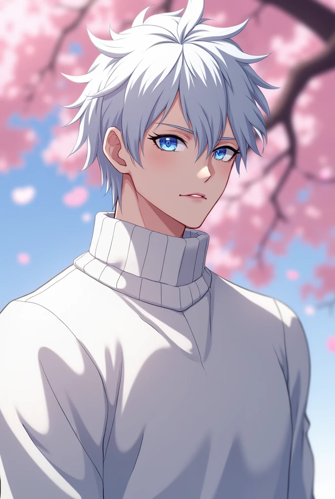anime character, White hair, spiky hair, Pale skin, blue eyes, Long white eyelashes, male, muscular, big glossy lips, cherry blossom trees, grey eyebrows, white sweater, 