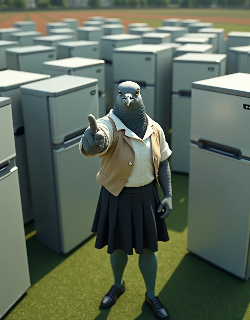 ((Highest quality)), ((masterpiece)), (Pointing his finger towards me), (birds-eye view:2), (wide shot), (turf field), 怒りの表情で口を開けたGray female pigeonがオフホワイトで襟付きのshort-sleeved shirtに薄茶色のベストを着てひざ丈の黒いスカートに濃い緑の靴下と黒の靴を履いて、とてもたくさんの最新の冷蔵庫に囲まれながらPointing his finger towards me, (Gray female pigeon), (short-sleeved shirt), Photorealistic images。