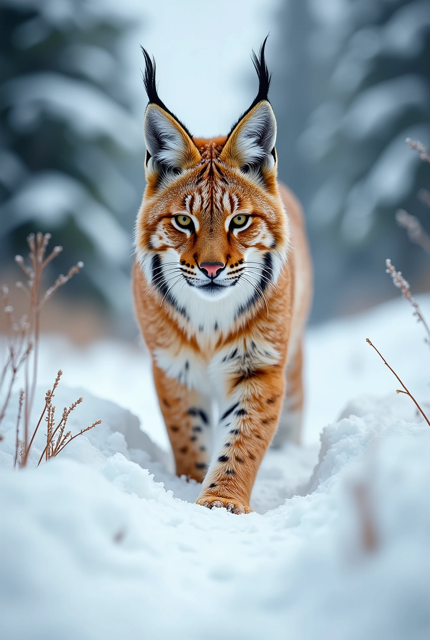 an orange lynx in a snowy environment, high resolution, HDR