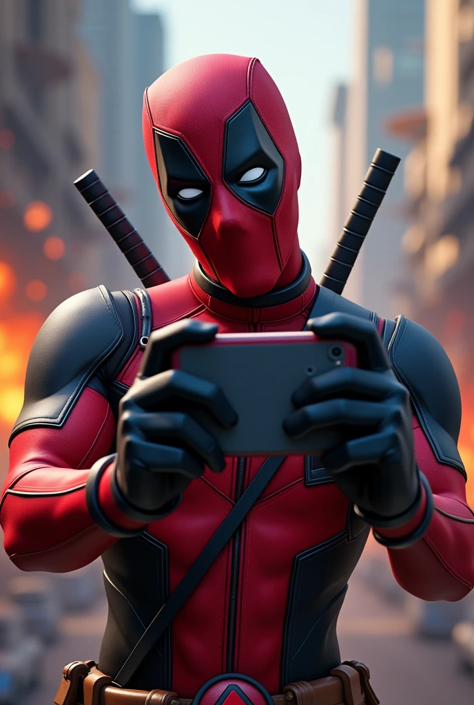 Deadpool taking selfie with his smartphone