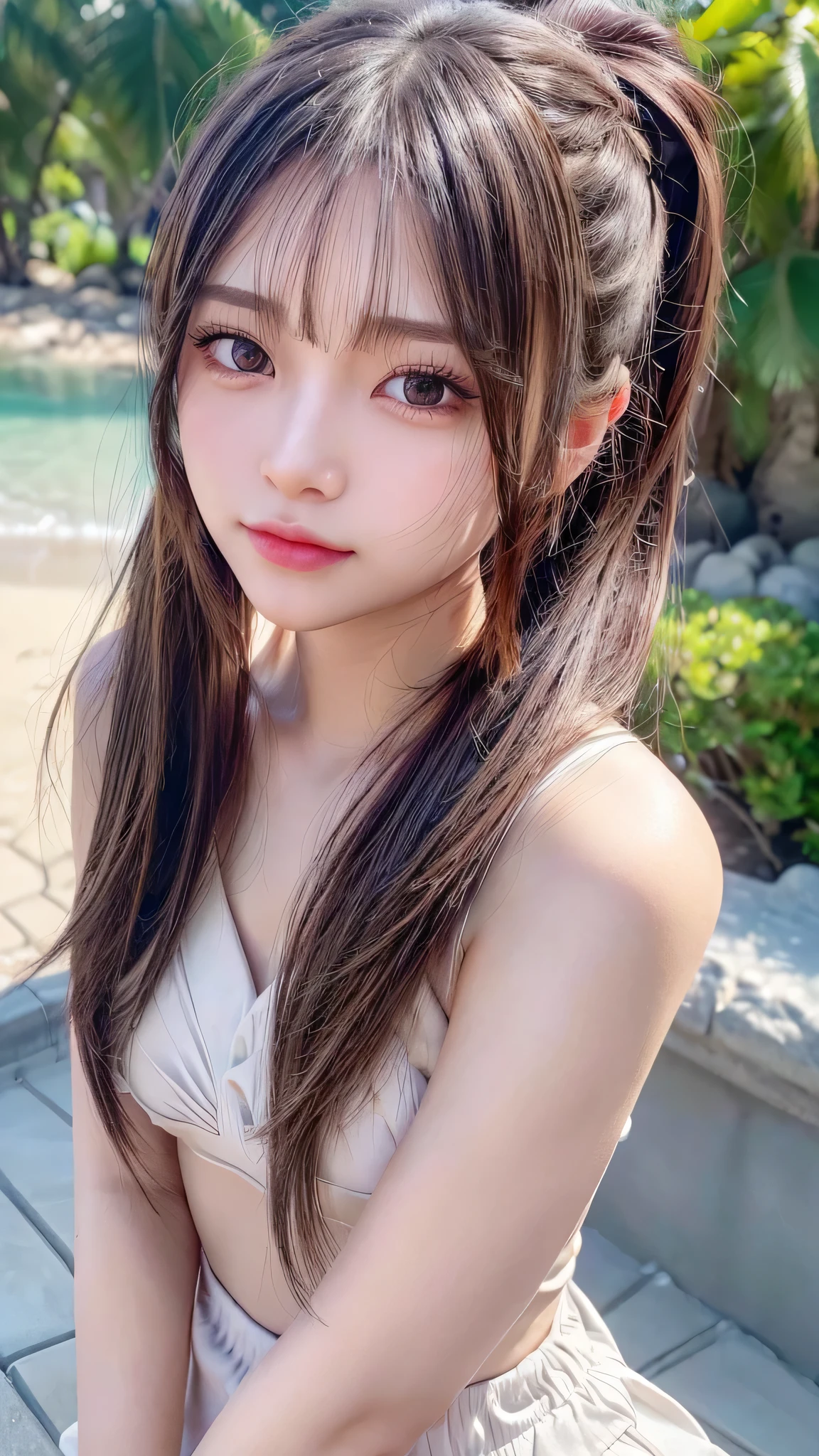 body shot,Outdoor,Black micro bikini,Hawaii resort Beach,Ultra-detailed, finely detail, hight resolution, 8K Wallpaper, Perfect dynamic composition, Beautiful detailed eyes,,Close-up of face,,Blushing,Facing forward,Long hair ponytail,((8k, Raw photo, Best Quality, Mastepiece:1.2), (Realism, Photorealistic:1.4), (Highly detailed 8K wallpapers), Depth of written boundary, Cinematic Lighting, Soft Light, Detailed Beauty Eye,Shiny and smooth light brown ponytail, Asymmetrical bangs, Shiny skin, Ultra-detailed skins ,It is high resolution., High detail, Detailed hairstyle, Detailed facial beauty, Hyper-realistic, Perfect limbs, Perfect Anatomy ,Of Japanese,Famous Japanese Idols, Perfect female body,A shy smile,Short eyelashes,Double-edged eyelids,Look straight here,Hair style: ponytail,