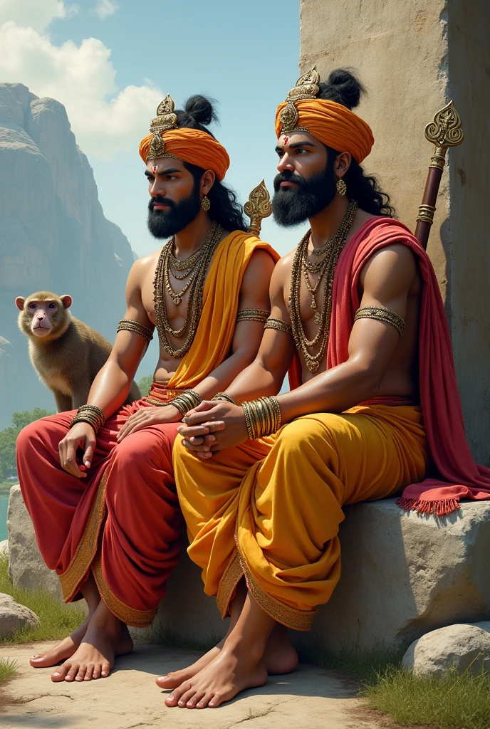 God 
Ram & laxman beardless with proper indian ramayan show dress code & bow sited on stone with hanuman beside