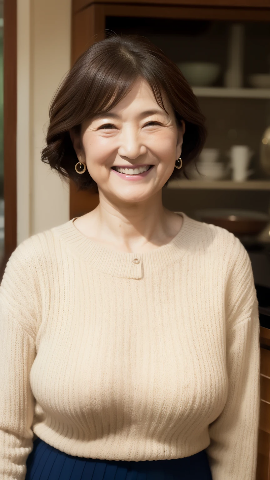 Osaka's aunt、Organic Photography、Highest quality、masterpiece、Ultra-high resolution、Beautiful Japanese old lady、60 years old、Looking at the audience、Elegant face、Smiling with teeth showing、Big Breasts、Wearing a plain short-sleeved knit、Wavy Hair、mini skirt、Earrings、A corner of a coffee shop, Background Blur