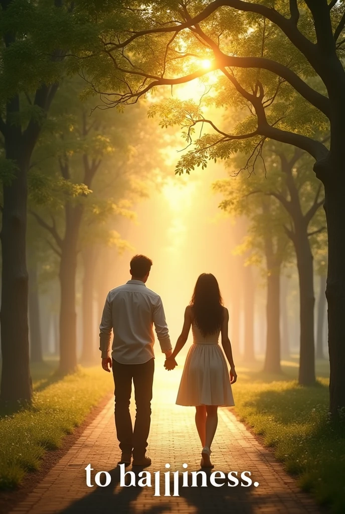 The words "TO HAPPINESS" written in large letters at the bottom of the screen, ((masterpiece, highest quality, Highest image quality, High resolution, photorealistic, Raw photo, 8K)), ((Extremely detailed CG unified 8k wallpaper)), The back view of a man and woman walking hand in hand, on a tree-lined street with sunlight filtering through the trees, the last scene of a romantic movie, green leaves and white light, a walkway in the morning mist,