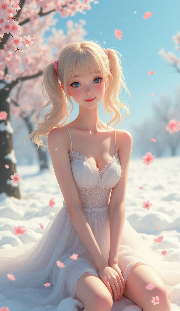 A shower of falling cherry blossoms, clear skies, a blanket of snow, a fresh breeze, a fluttering skirt, blonde twin-tails, blue eyes, a rich expression, a gentle smile, a stylish camisole, long striped socks, bright sunlight, a variety of feminine poses, wonderful depictions, an award-winning work.