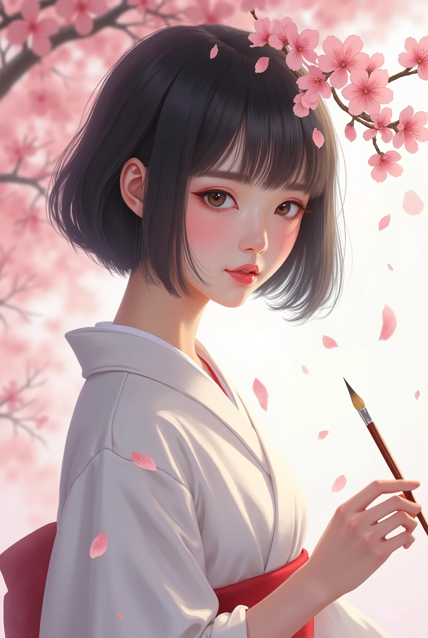 White skinned Japanese Asian girl, thick lips, small nose, medium-sized eyes, blushing cheeks not so noticeable, holding a paintbrush in her hands with a cherry blossom background while wearing a traditional white Japanese kimono, Her hair is short, shoulder-length black with strands that simulate bangs., It is not full body only from the torso up 