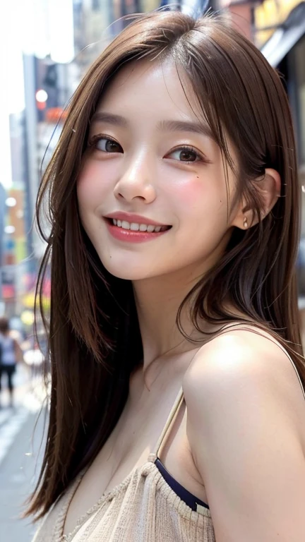 (((Face close-up)))、(((Brown straight hair)))、(((She has a New York cafe in the background、Posing like a model at a hair salon。.)))、(((She is wearing a lovely summer outfit.。shoulders are hidden)))、(Natural laughter:1.25)、Half Japanese, Half Korean、1 girl、Independent、I&#39;m looking forward to、Light eye makeup、Brown Hair Color、Flat 、Hair blowing in the wind、Quality of actress、Shiny, Ultra-realistic faces、smile、Watery eye、look up、Subtle lighting effects、 Ultra-Realistic Capture、Very detailed、High resolution 16K human skin closeup。Skin texture must be natural、The detail must be such that the pores are clearly visible.、skin is healthy、Even Tone、Use natural light and colour、Worn out, High quality photos taken by modeling agencies&#39;In-house photographer.、smile、(((Sigma 300mm F/1.4,1/1000 sec shutter,ISO400)))、The background is F-stop 1...4 is blurry
