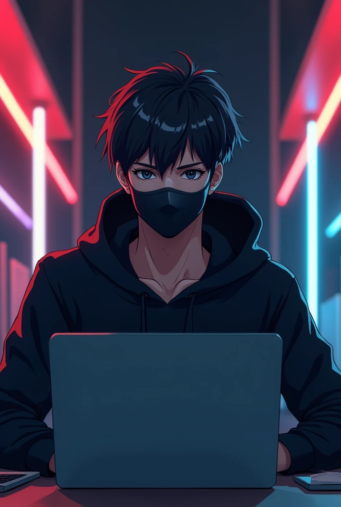 Create an anime-friendly looking male business character who appears handsome and smart. He has a good face and is wearing a black face mask and a black hoodie. The character is sitting behind his laptop in his office, with his arms on the desk. It is night, and the room features volumetric neon lighting. The character is front-facing to the camera, looking straight and centered. This is a central portrait with an audio microphone on the desk near his mouth. The character's face should occupy about 1/3 of the image size. He is sitting straight, front view, and centered, looking straight ahead. The overall ambiance of the image should convey a connection to minimalism, with flat illustration, bold lines, simplification, and a gouache illustration style. The image should be in 8K resolution.
