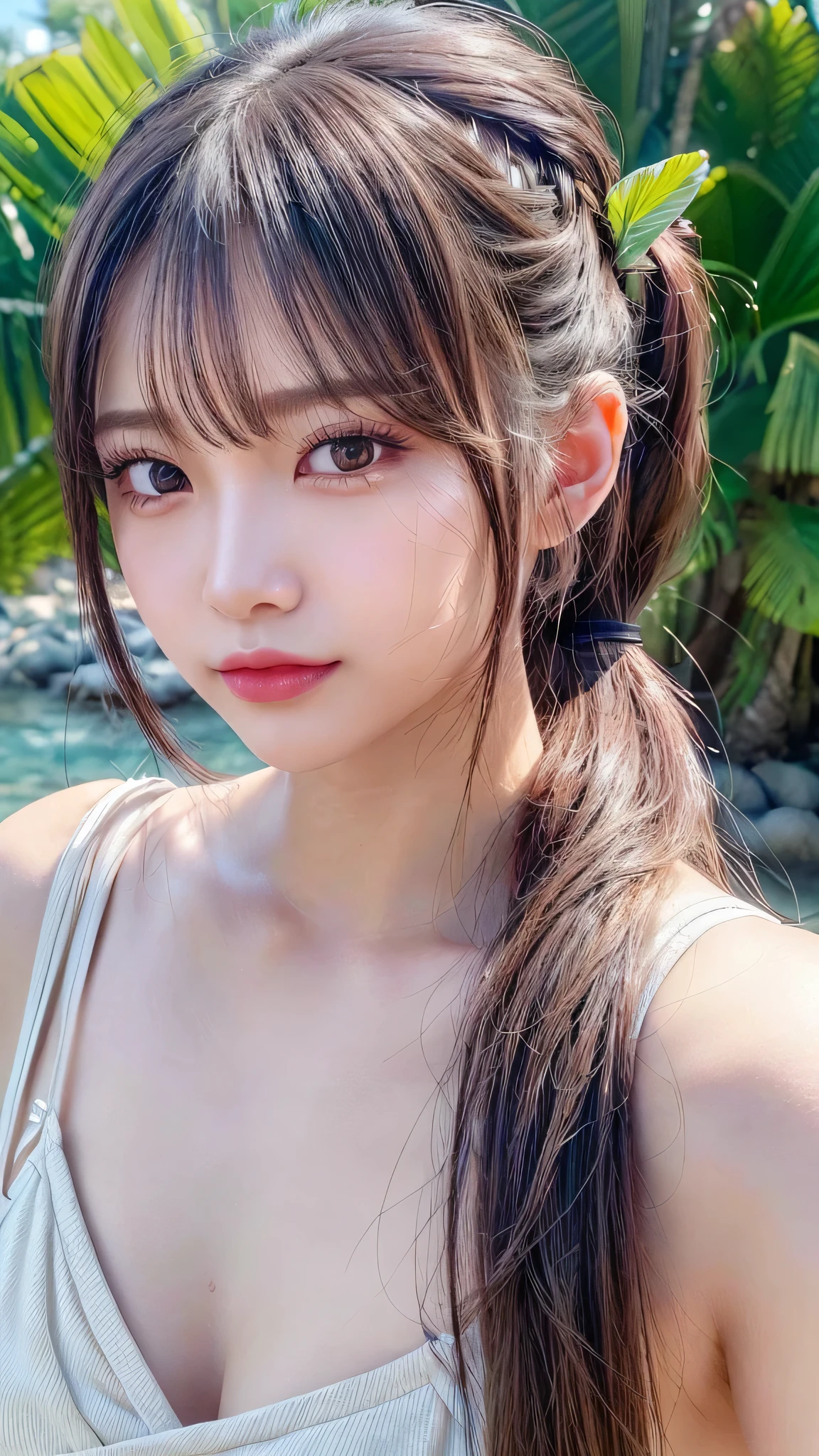 body shot,Outdoor,Black micro bikini,Hawaii resort Beach,Ultra-detailed, finely detail, hight resolution, 8K Wallpaper, Perfect dynamic composition, Beautiful detailed eyes,,Close-up of face,,Blushing,Facing forward,Long hair ponytail,((8k, Raw photo, Best Quality, Mastepiece:1.2), (Realism, Photorealistic:1.4), (Highly detailed 8K wallpapers), Depth of written boundary, Cinematic Lighting, Soft Light, Detailed Beauty Eye,Shiny and smooth light brown ponytail, Asymmetrical bangs, Shiny skin, Ultra-detailed skins ,It is high resolution., High detail, Detailed hairstyle, Detailed facial beauty, Hyper-realistic, Perfect limbs, Perfect Anatomy ,Of Japanese,Famous Japanese Idols, Perfect female body,A shy smile,Short eyelashes,Double-edged eyelids,Look straight here,Hair style: ponytail,