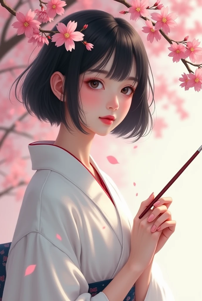 White skinned Japanese Asian girl, thick lips, small nose, medium-sized eyes, blushing cheeks not so noticeable, holding a paintbrush in her hands with a cherry blossom background while wearing a traditional white Japanese kimono, Her hair is short, shoulder-length black with strands that simulate bangs., It is not full body only from the torso up
