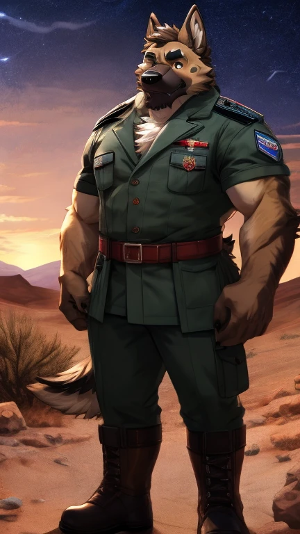 anime style, ((whole body)), ((military uniform)), standing, ((plump middle-aged german shepherd man)), BREAK ((brown eyes)), one eye closed, beautiful beard, beautiful ears, (male face:1.3), (big face:0.5), square jawline, (Male Eyes:1.2), (sharp eyes:0.8), (big eyes:0.5), male eyebrows, (innocent look:0.5), (beautiful black nails down to the last detail:1.2), BREAK (complete Anatomy), (detailed face:1.3), beautiful face, (detailed body), (beautiful hands:1.2), (detailed fingers:1.2), (detailed eyes:1.1), (beautiful Eyes:1.1), arm details, Leg Details, beautiful feet, BREAK Muscular anthlo, body hair, ((hairy skin)), fluffy, (blood vessel:-0.8), (glowing Skin:-0.7), (chest hair:0.5), (1 tail), (a beautiful and detailed small tail), BREAK night sky, desert, outdoor, ultra detailed, highest quality, ultra-high resolution, realistic, 16K, masterpiece, beautiful detailed, perfect solution, absurdists, (faint light),