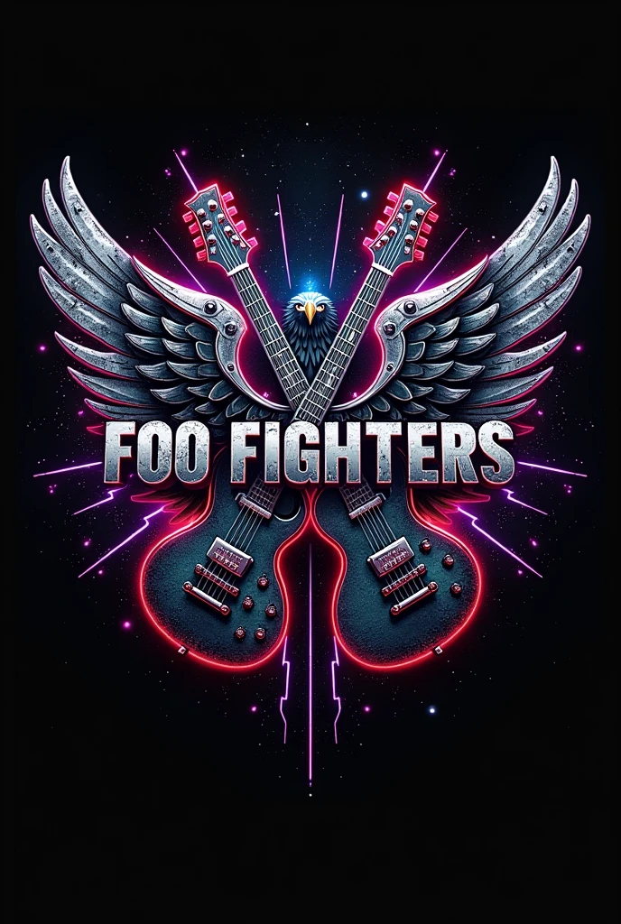 "Craft a legendary, high-octane logo for the band 'Foo Fighters' that embodies the rebellious spirit of rock and roll with a futuristic, cutting-edge flair. Make the background transparent and removal. The design should be bold, dynamic, and unmistakably powerful, featuring a rugged, distressed font with a heavy, industrial feel, as if forged from steel. Use a dark, moody color palette of deep black, blood-red, and gunmetal silver, with electrifying accents of neon blue and vibrant purple for an explosive contrast. Incorporate iconic rock elements like a pair of electric guitars, crossed like a coat of arms, with lightning bolts shooting out from their strings, enveloping the name 'Foo Fighters' in a blaze of energy. Add intricate details like metallic wings unfurling from the sides, symbolizing freedom and power, or a fierce, roaring lion or eagle subtly etched behind the text to represent strength and dominance. For the background, consider a dynamic explosion of grunge textures mixed with cosmic elements like stars, nebulae, or a burst of light, creating a sense of otherworldly energy. Layer in subtle, high-tech circuitry patterns or gears to hint at a futuristic edge, blending the raw, untamed energy of rock with a sleek, modern vibe. Add depth with 3D effects, shadowing, and metallic reflections, making the logo leap off the page with intensity.
The final design should be nothing short of epic—an unforgettable emblem that captures the raw power, relentless energy, and timeless appeal of the Foo Fighters, making it an instant classic in the world of rock music."