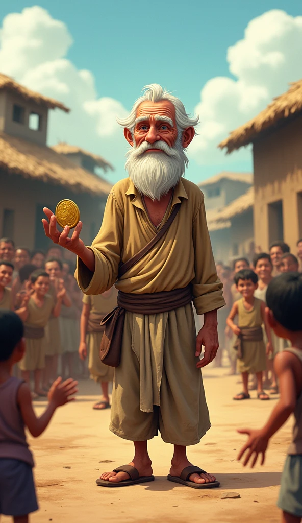 Older man standing village he wearing dust clothes and hold in hand one coin for helping other villager beggers they also weraning rags clothes come and see cartoon 