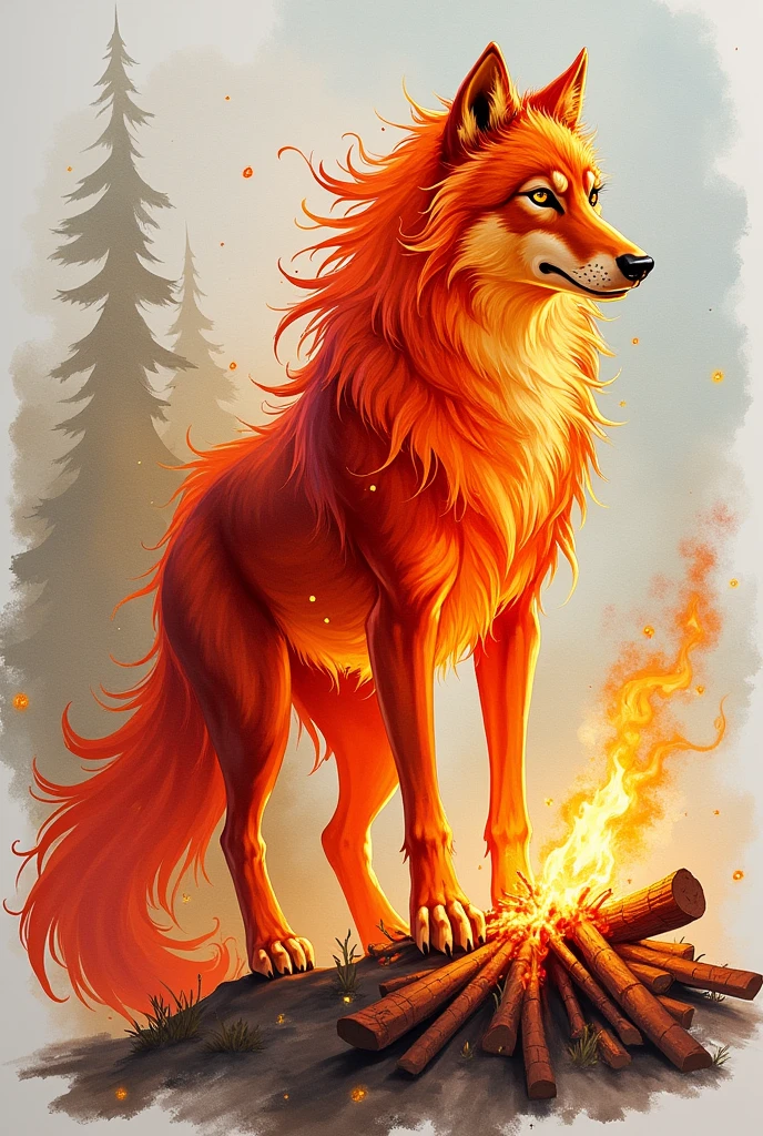 Watercolor Fire wolf near the fire