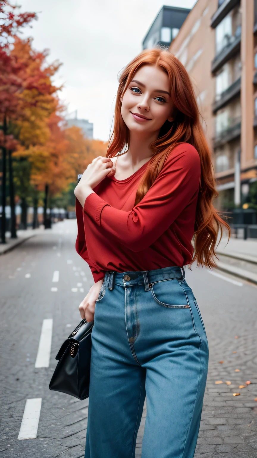 Realistic full body photo of a smiling, Young red-haired girl with long hair, She dances in front of the camera in a red, narrow, langen Shirt und einer narrow weißen Hosen., Park,glamour fotoshooting, Park, perfect anatomy, perfect green eyes. Perfect hands with 5 fingers on each hand, Matching girl, looking at the camera, 1 Frau. (Eye make up:1.1), (highly detailed skin:1.1), spirit, analog style, keen focus, 8K UHD, dslr, good quality, Fujifilm XT3, Grain, Award-winning, masterpiece. Park