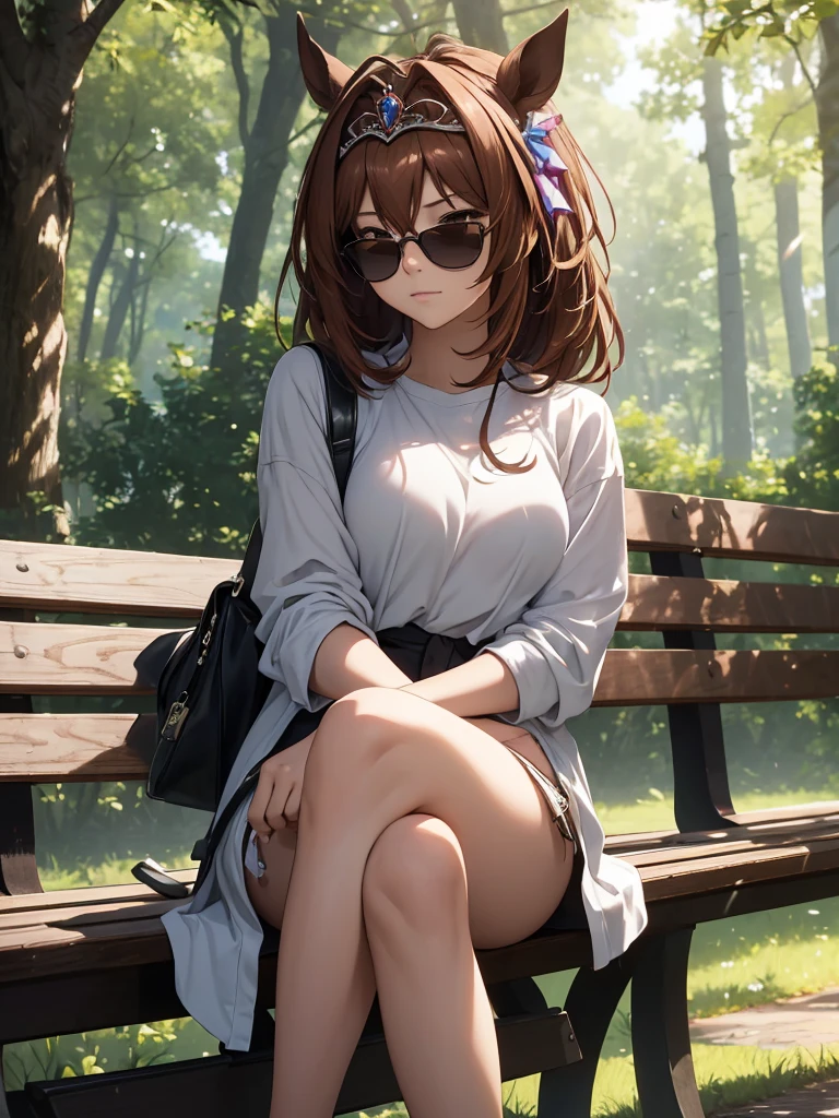 (​masterpiece、top-quality、hight resolution、Unity 8k、extremely details CG:1,Best Picture), daiwa scarlet(umamusume), animal ears, brown hair, horse girl, ((Tiara)), "A famous porn star relaxing in a peaceful park on a weekday, away from the work environment. She is sitting on a park bench, dressed casually in comfortable yet stylish clothing. She wears sunglasses as a simple disguise, blending in with the surroundings. The atmosphere is calm, with the sun shining softly through the trees. She appears at ease, enjoying a moment of solitude and nature, far removed from her professional life, just a woman taking a break in a serene environment."