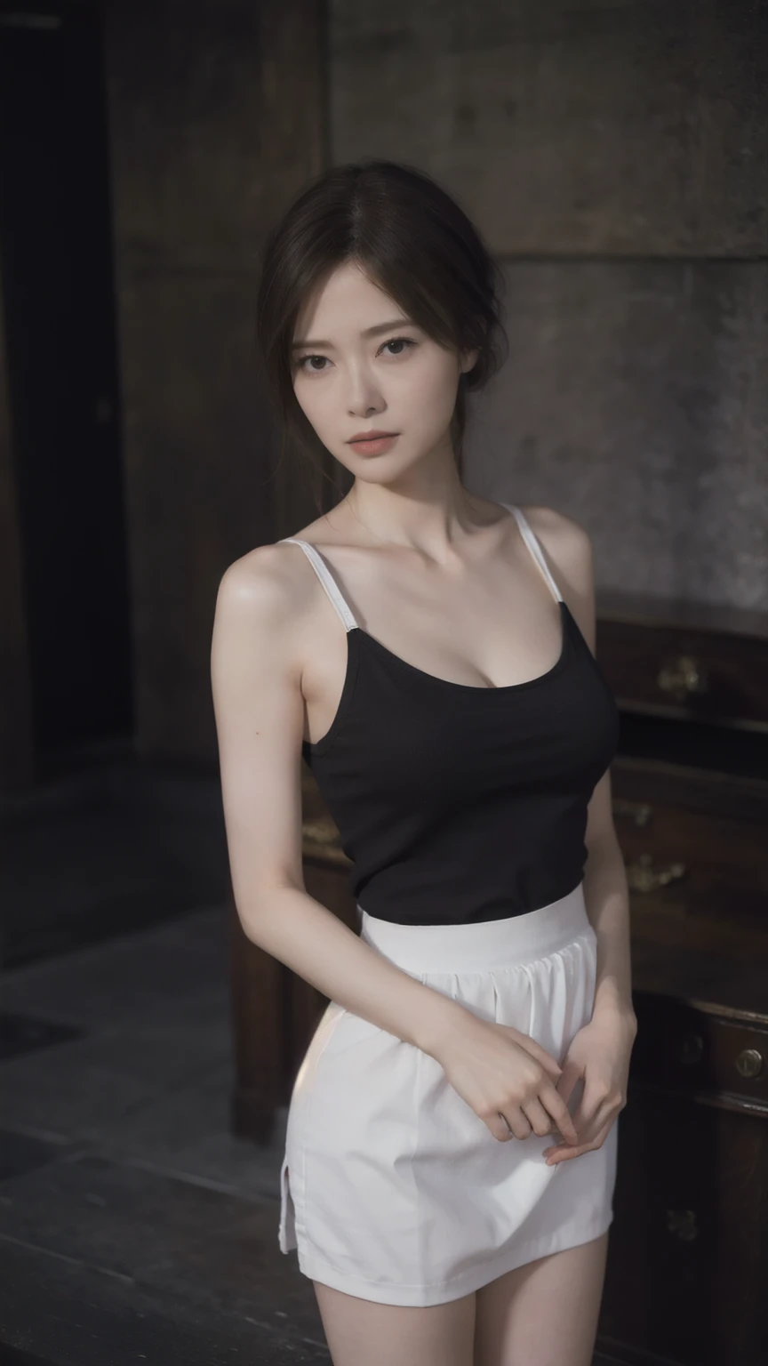 1girl, woman, masterpiece, best quality, highest quality, cinematic lighting, (volumetric lighting), extremely detailed CG unity 8k wallpaper, focused, 8k wallpaper, extremely detailed, ultra realistic, photorealistic, sharp focus, absurdres, (HDR:1.2), (high contrast), photograph, detailed and intricate, instagram, portrait, highly detailed, digital painting, artstation, concept art, smooth, sharp focus, illustration, cinematic lighting, (natural big breast), black short skirt, eyes looking at the viewer, ((medium shoulder)), (skinny legs), (slender body), (((height 163cm))), (HQ skin:1.4, Realistic human body structure), (Full body:1.4), (aerial shot photo), (wearing knit strap tank top, short skirt), (real skin of thighs), (long hair).