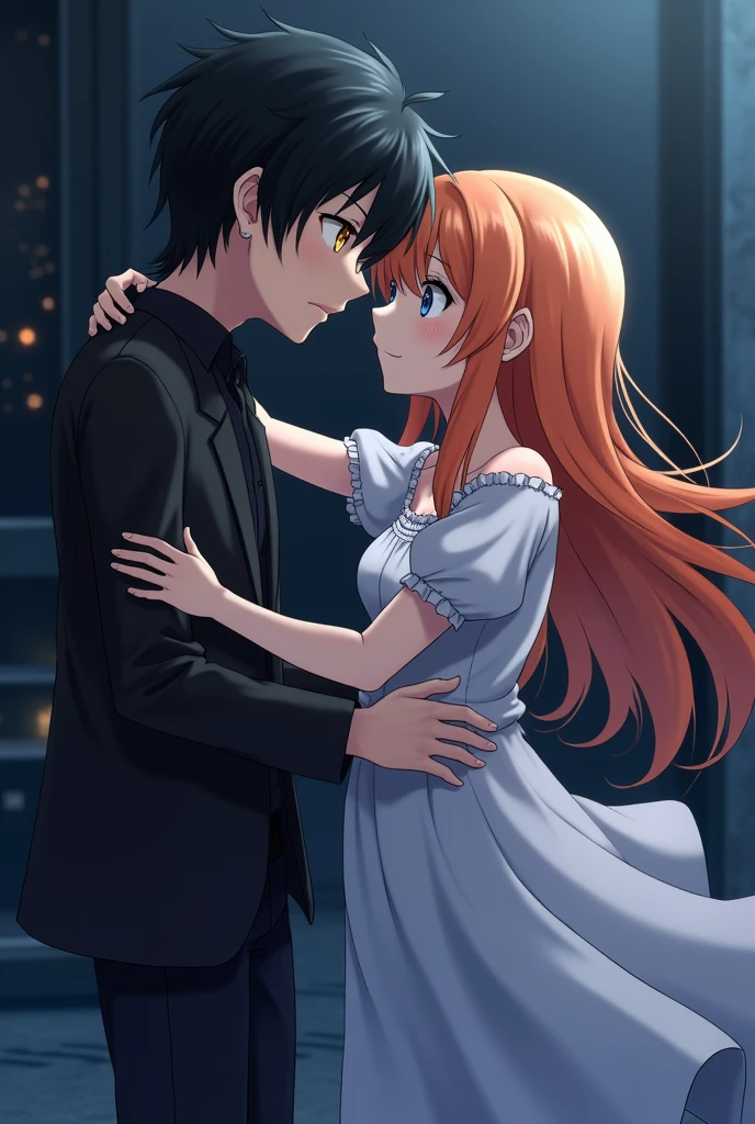 Boy, black hair, yellow eyes, cold face, holding a girl, long orange hair, blue eyes, wearing a nightgown. Anime characters