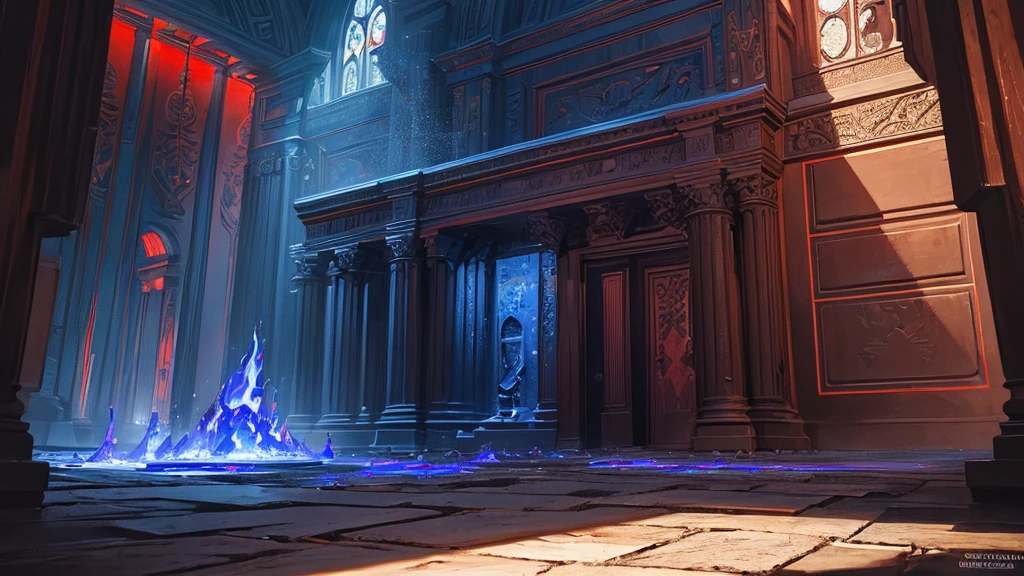 (masterpiece), (best quality), (The finest details), (General view from a distance), (Main colors: Dark Blue), (Secondary Color: Red), night, shadow (detailed, Strong contrast),unmanned,magnificent,dark,Red glow,Stone wall with spells carved on it,Chamber of Secrets,Sacrifice,chain
