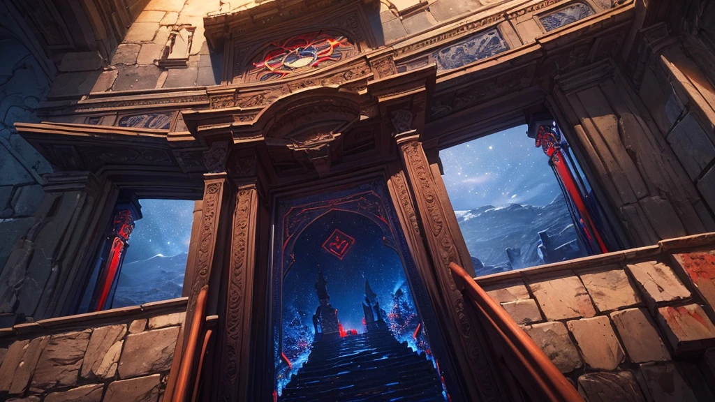 (masterpiece), (best quality), (The finest details), (General view from a distance), (Main colors: Dark Blue), (Secondary Color: Red), night, shadow (detailed, Strong contrast),unmanned,magnificent,dark,Red glow,Stone wall with spells carved on it,Chamber of Secrets,Sacrifice,chain
