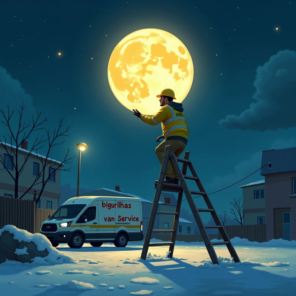 A photo of a man standing on a ladder outside at night, changing a burnt-out moon in the sky. The man is wearing a yellow vest and a helmet. In the background, there is a van with the words "BIGURILHAS Van Service". The sky has a few stars and a glowing moon. The ground is covered with white foam.