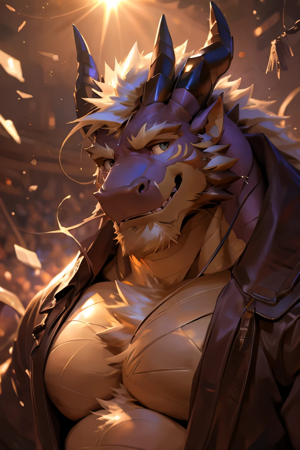 Dragon, Male, Solo, Avoiding eye contact with viewer, handsome face, hair, horn, detailed eyes, detailed face, Multi-colored body, correct face, Middle-aged, Sexy, Beefcake, Daddy,masculine,massive muscular, (Realistic Shadows, Depth of Field, Wide Field of View, Lens Flare, Head Shot), (by Darkgem, by Chunie, by null-ghost),((hypnotized)),sfw