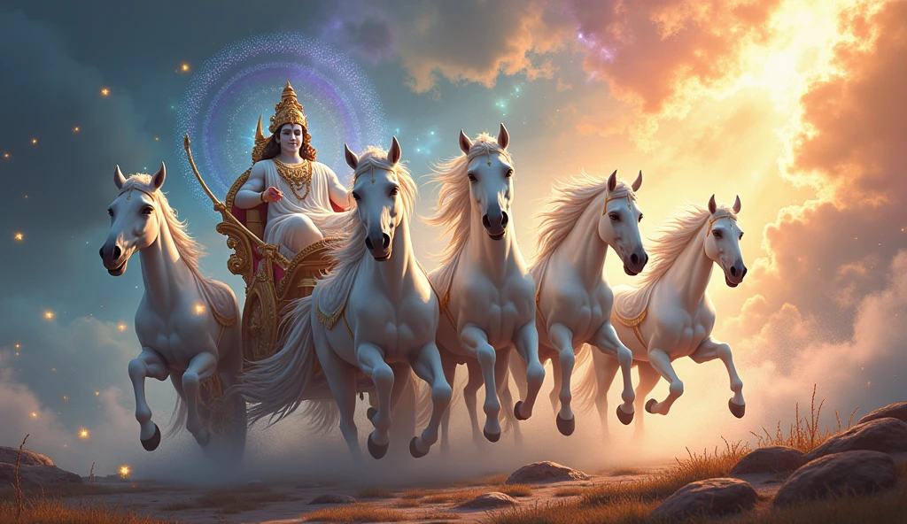 fantasy painting of a man riding on a white (Lore Krishna), Five 5 horses with a chariot, beautiful god rays, chariot, by Jitish Kallat, mythological painting, bright godrays, vishnu, inspiring art, version 3, masterpiece', breathtaking art, samikshavad, ancient kings in white robes, by Bholekar Srihari, from Mahabharatha epic story, Warrior Arjuna sitting behind Lord Krishina, Aiming arrow upwrds in the sky, 4K, Super detailed, (Dynamic configuration:1.4), Very detailed, Colorful details,( Rainbow-colored:1.2), (Shining Lights, Atmospheric lighting), dream-like, Magic, (alone:1.2), in this dream-like magical setting.,style 3D art, side pose, (Warm light source:1.2), (fire Fly:2.2), (nebula:1.3), 4K, Super detailed, (Dynamic configuration:1.4), HD Pixar detailed, Colorful details, (masterpiece:1.2), (highest quality), bending your visual