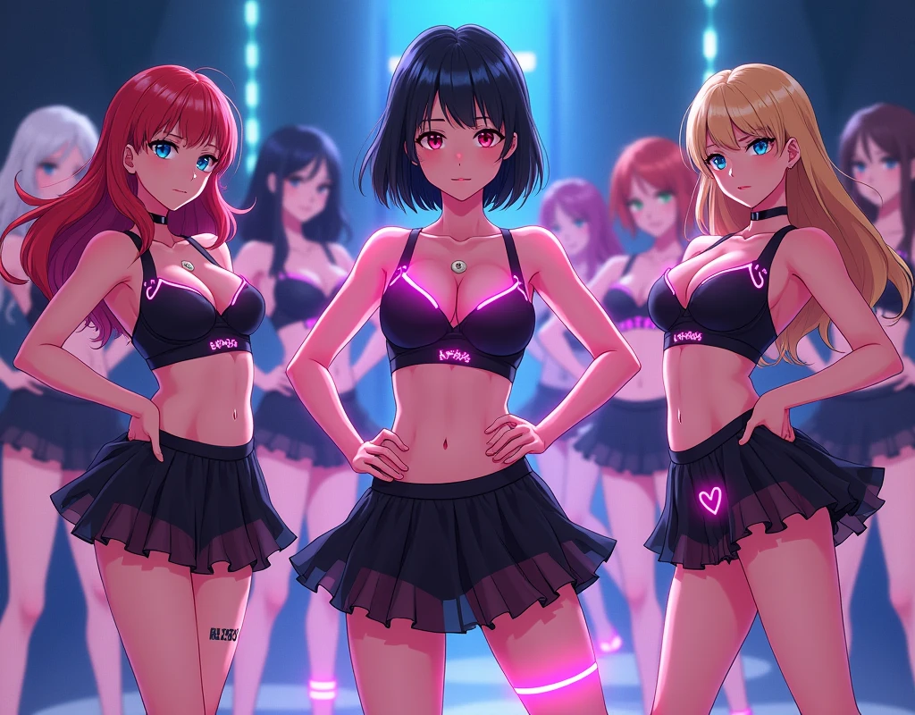 anime Illustration depicting a group of female dancers, neon, dancing, differing hair and eye colors, serious face, wearing glowing black bra with pink glowing elements and glowing straps, wearing see through ruffled miniskirt, glowing underpants, raising one arm exposing underarm, shaking hips, boots, heart symbol on lower part of underpants, all in uniform.