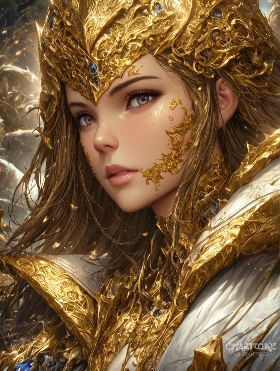 Close up of a lady with gold paint on her face, 8k high quality detailed art, Detailed digital anime art, neoartcore 和 charlie bowater, Very detailed and beautiful fan art, Super detailed fantasy characters, fine digital art,Rich in details, Complex and gorgeous anime CGI style, Detailed fantasy digital art, Portrait of the Knights of the Zodiac, Extremely detailed Artgerm