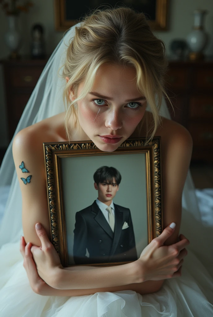 Generate me a photo of a blonde, blue-eyed Argentinian girl with tears in her eyes, a crying butterfly tattoo hugging a photograph showing a white-skinned young man Jung Kook style hugging her. She dressed as a bride and he in an elegant suit at his wedding with the name Zeth and Azul engraved on the frame of the picture.