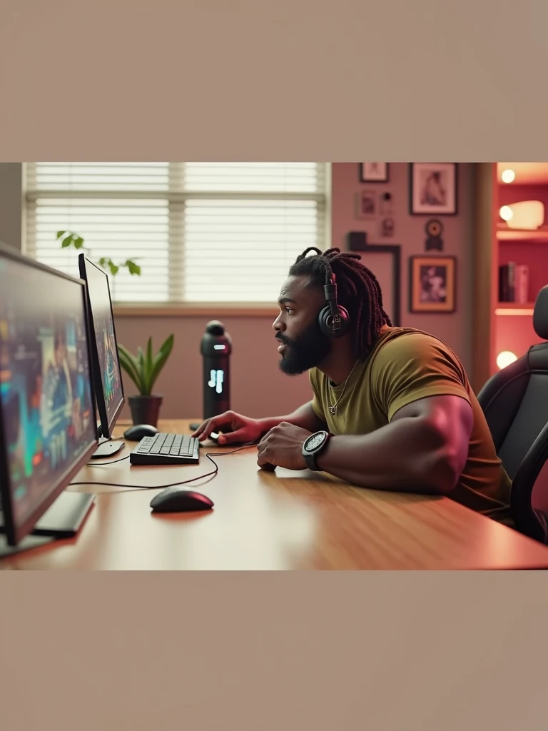 African American man with dreads with athletic build playing video games in his man cave at night at his desk while streaming. Wearing an olive green tshirt. Camera angle is from behind him, looking over his shoulder. We see the back of his head as He is looking onward at the monitor as he plays. Room is dark and illuminated by his monitor and rgb lights. He has in ear monitors in his ears