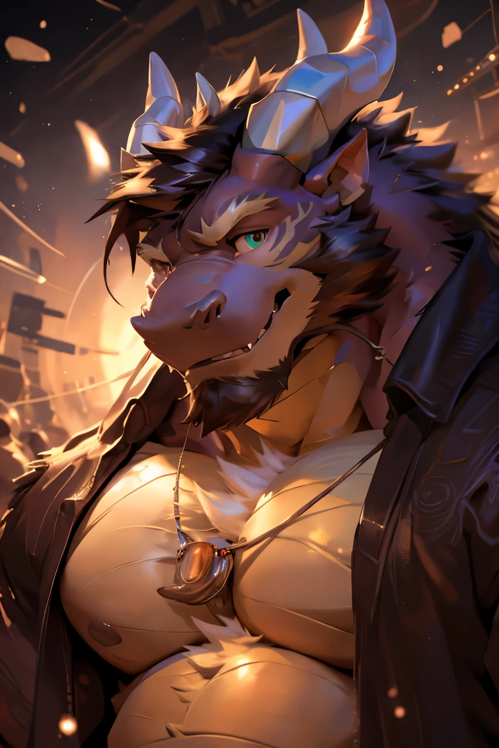 Dragon, Male, Solo, Avoiding eye contact with viewer, handsome face, hair, horn, detailed eyes, detailed face, Multi-colored body, correct face, Middle-aged, Sexy, Beefcake, Daddy,masculine,massive muscular, (Realistic Shadows, Depth of Field, Wide Field of View, Lens Flare, Head Shot), (by Darkgem, by Chunie, by null-ghost),((hypnotized)),sfw