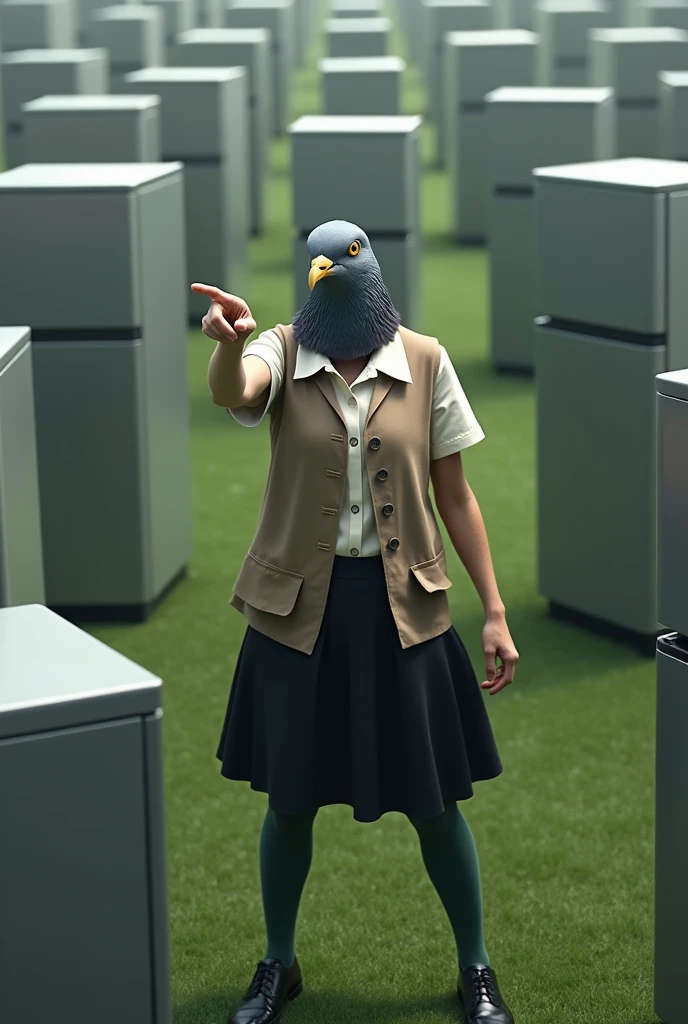 ((Highest quality)), ((masterpiece)), (Pointing his finger towards me), (birds-eye view:2), (wide shot), (turf field), 怒りの表情で口を開けたGray female pigeonがオフホワイトで襟付きのshort-sleeved shirtに薄茶色のベストを着てひざ丈の黒いスカートに濃い緑の靴下と黒の靴を履いて、とてもたくさんの最新の冷蔵庫に囲まれながらPointing his finger towards me, (Gray female pigeon), (short-sleeved shirt), Photorealistic images。